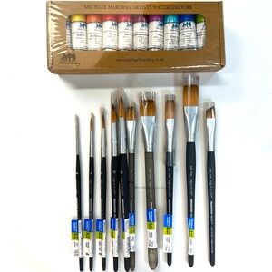 Michael Harding Watercolor Paint (Vivid Set of 10) + 10 Aqua Elite Paintbrushes